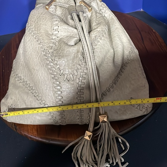 BRIAN ATWOOD Olive Green Pebbled leather Laser Cut Drawstring Bucket Bag - Picture 12 of 14